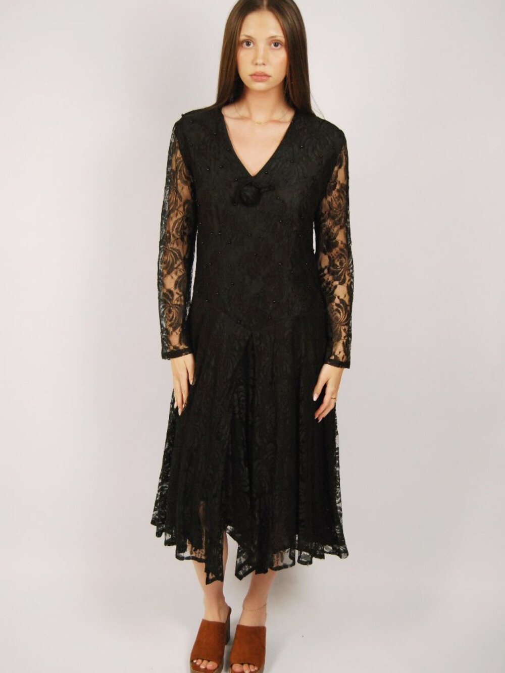 90s Lace Dress (L) large black vintage midi long sleeve Karin Stevens whimsy